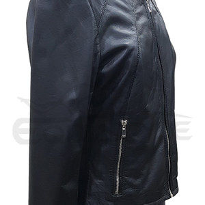 Leather Lambskin <b>Jacket</b> Solid Black Womens Collarless Moto <b>Jacket</b> <b>with</b> Front <b>Zipper</b> Side <b>Pockets</b> Custom OEM Winter Wear - Product Image 4