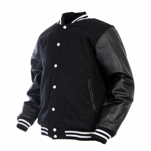 Blouson universitaire noir pour homme, manches en cuir PU, col rabattable, fermeture boutonnée, style décontracté, couleur unie, coupe classique, tendance automne - Product Image 3