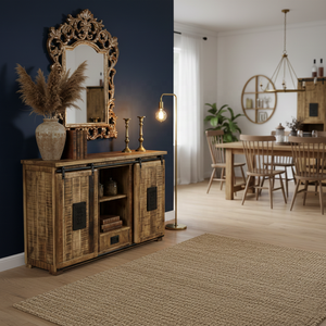 Buffet en bois de manguier recyclé de style rustique industriel, portes coulissantes en métal, grand rangement, armoire de rangement, credenza en bois récupéré, artisans - Product Image 1