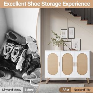 Zapatero Vertical FCH de 3 Puertas, Marco Blanco, Tablero de Partículas, Ratán Plástico, Superficie de Ratán de Madera Original, Patas Altas Doradas - Product Image 3