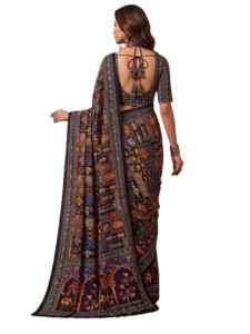 Traditional Indian Ethnic Digital Ajrak Print Chinon Floor-Length Elegant <b>Saree</b> Real Mirror Work <b>Blouse</b> for Women-Best Price - Product Image 3