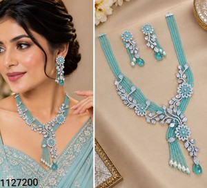 Elegant Floral AD Crystal Necklace & Dangle Earrings <b>Set</b> Luxury Handcrafted Pearl <b>Beaded</b> Bridal Jewelry <b>Sets</b> For Wedding Parties - Product Image 3