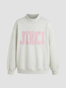 Sweat-shirt à col montant court à manches longues avec patchwork de lettres pour femme, service OEM - Product Image 3