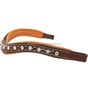 Banda de cejas de caballo acolchada suave de cuero genuino tostado de lujo Costura de contraste y 1 Fila Cristales multicolores redondos Banda de cejas Mega Bling - Product Image 3