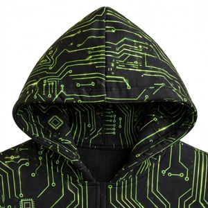 Sudadera con capucha y cremallera NEXTEX unisex con diseño de circuito impreso, color negro y verde neón, con máscara facial estilo ninja. - Product Image 5
