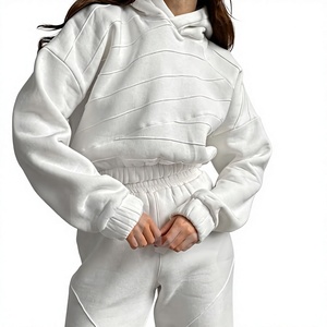 <b>Women's</b> White Winter 2-<b>Piece</b> Hooded Tracksuit Set Full Length Cotton Casual Sweatpants Regular Fit Solid Color Sportswear - Product Image 2