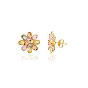18K Solid Gold Floral Stud <b>Earrings</b> with Natural Rainbow Sapphires Pear Cut Diamonds & Emerald - Product Image 6