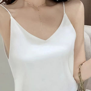 Débardeur Femme Sexy en Satin Uni à Col en V, Top Halter en Chiffon Sans Manches - Product Image 1