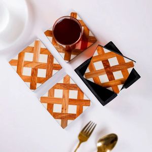 Modern Wooden Square Coasters <b>Set</b> with Leaf Pattern Non-Slip <b>Table</b> Mats <b>for</b> Coffee and <b>Dining</b> <b>Table</b> Decor - Product Image 5