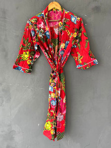 Bata tipo kimono con cuello en V y estampado floral de algodón para mujer, bata de baño ligera de manga larga y corte holgado, bata suave y transpirable - Product Image 5