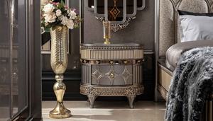 Juego de Dormitorio de Lujo de Madera de Teca Sólida Estilo Mid-Century Antiguo con Cama King Size Tallada en Oro, Mesitas de Noche y Tocador para Uso Hotelero - Product Image 3