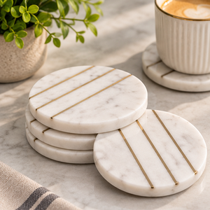 Juego de 4 posavasos redondos de mármol atractivo de latón AK con diseño de 3 revestimientos Artículo de alta calidad para utensilios de cocina/Decoración de mesa - Product Image 3