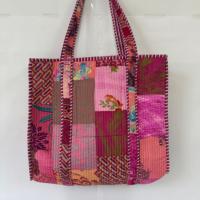 Tas Tote Wanita Lipat Gaya Vintage Boho, Bahan Katun Quilted Motif Patchwork, Lembut, Tahan Lama, Ringan, Tahan Air, Ramah Lingkungan