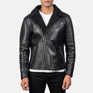 Alberto <b>Shearling</b> Black Leather <b>Jacket</b> for <b>Men</b> Made of 100 Real Sheepskin Leather Sherpa Fur Lining Winter - Product Image 3