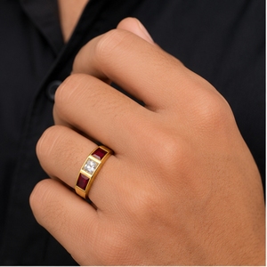 22K Gold Band Ring for Men Featuring a Central Round Brilliant Solitaire and Two Ruby Red Baguette Gemstones - Product Image 4