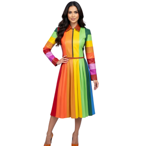 Women Multicolor Midi Dress Rainbow Pleated Long Sleeve Zip Front Color Block Fashion Party Dress - Product Image 1