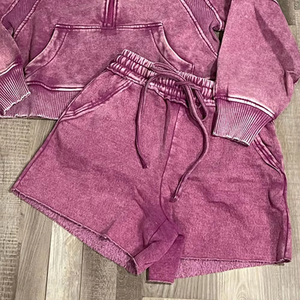 Shorts amples décontractés pour femme en tissu éponge délavé violet à taille haute avec poches et cordon de serrage, coupe ample, légers, OEM - Product Image 6