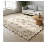 Tapis en laine tufté à la main avec bord festonné et motif floral sculpté en 3D, tapis blanc à fleurs festonnées, tapis à motif floral en 3D.