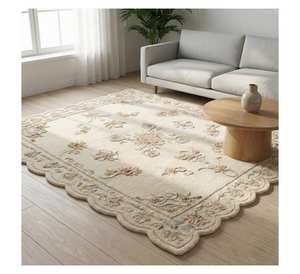 Alfombra de lana hecha a mano con borde festoneado y diseño floral en 3D, alfombra blanca con flores festoneadas, alfombra con patrón floral en 3D. - Product Image 3