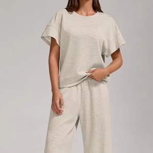 Conjunto Deportivo Casual para Mujer, Manga Corta, Cuello Redondo, Corte Holgado, Pantalones hasta el Tobillo, Color Sólido, Cintura Elástica, 100% Algodón, Ropa de Primavera - Product Image 6