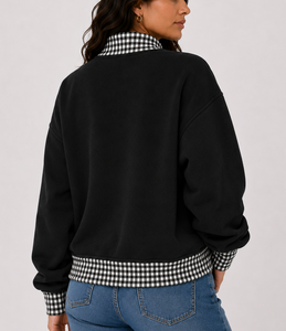   Pull molletonné surdimensionné à col roulé pour femme, motif gingham et pois, avec logo personnalisé, épaules tombantes, vente en gros OEM - Product Image 6