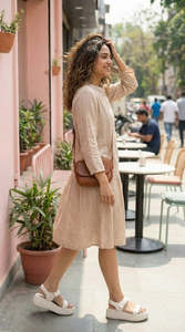 Robe midi décontractée en lin et coton avec col, manches trois quarts, ourlet évasé, détails boutonnés, couleur unie, coupe ample, pour l'été - Product Image 3