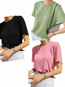 T-shirt décontracté d'été pour femme, coupe ajustée, côtelé texturé, manches courtes, col rond, motif floral, respirant, facile à assortir, tricoté aérien - Product Image 1