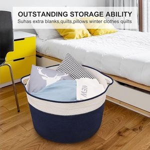 Stylish Cotton <b>Rope</b> Storage Basket with Handles Dual Tone Woven Organizer for Laundry Toys Home Storage - Product Image 3