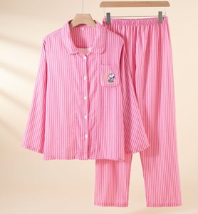 Pijamas de Algodón a Rayas para Mujer, Manga Larga, Bordadas, Ropa de Dormir Informal, Cuello Camisero, Cierre de Botones - Product Image 4
