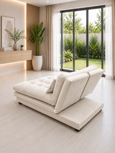 โซฟาเบดสีเบจทันสมัย โซฟาผ้า Smile พร้อมเบาะนุ่มแบบ Tufted และขาสีดำ รวมหมอนอิง เหมาะสำหรับอพาร์ทเมนต์ โรงแรม และห้องนั่งเล่น - Product Image 6