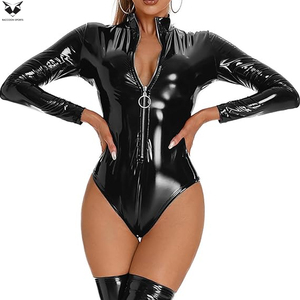 Venta al por mayor: Bodysuits de PVC elásticos de manga larga con cuello alto, sexy, con cremallera frontal, ajuste ceñido, calidad premium, servicio OEM, lo mejor. - Product Image 4