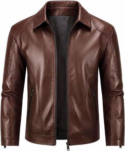Veste en cuir PU noir pour homme, style motard, col rabattu, fermeture éclair, coupe ajustée, pour l'automne - Product Image 5