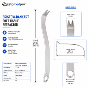 Retractor de Tejidos Blandos BRISTOW BANKART, 8.75 pulgadas (22.2 cm), Hoja de 2.1 cm de Ancho, Instrumento Quirúrgico Zetomed Pro - Product Image 2