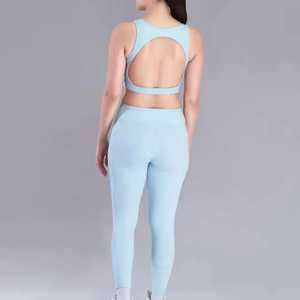 Conjunto de Yoga de 2 Piezas Azul Claro, Top Corto con Cuello Redondo y Espalda Cruzada, Leggings Largos de Cintura Alta, Sin Costuras, Transpirables, de Spandex y Poliéster - Product Image 2