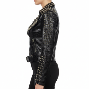 Veste en cuir pour femme style Steampunk Rock Rivet, coupe slim courte, streetwear gothique, broderie, en similicuir, style motard, Femme - Product Image 3
