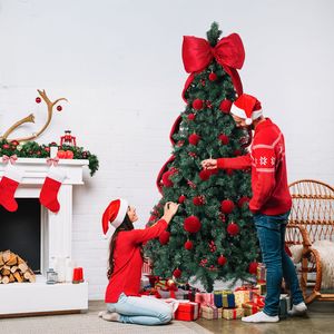 Albero di Natale Artificiale Grande 2,3 m Fai-da-te con 300 Luci LED Bianche Calde, Albero di Pino Pieghevole con Gigantesca Fiocco e Palline Rosse - Product Image 4