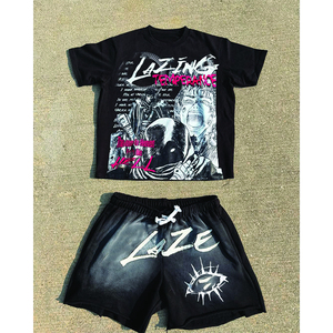 Ensembles de 2 pièces d'été imprimés pour hommes, recadrés décontractés, personnalisés et lourds, ensembles de t-shirts et shorts respirants en polyester/coton - Product Image 1