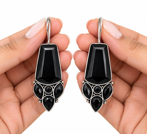 Wholesale Brass Oxidized Silver <b>Black</b> Onyx Fashion <b>Dangle</b> <b>Earrings</b> | Handmade Boho Ethnic Party Jewelry | Bulk Supply - Product Image 4