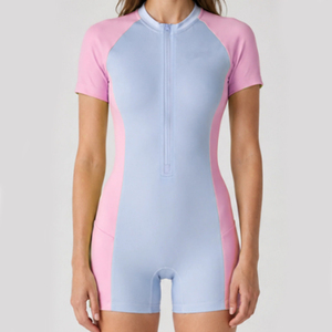 <b>Women's</b> One-Piece <b>Short</b> Sleeve Swimsuit Color Blocking Pink Blue Zipper Front Stretch Knitted Spandex Nylon - Product Image 1