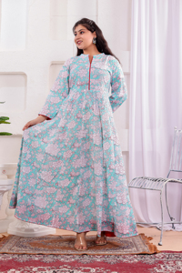 Floral <b>Print</b> Regular Floor-Length Knitted Dress Mandarin Collar Long Sleeve Cotton Ball Gown Formal Eco-Friendly Hand <b>Block</b> - Product Image 1