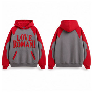 Sudadera con Capucha Raglán Roja y Gris para Hombre Love Romani, Estampado Puff, Estilo Casual Oversize, Ropa de Otoño con Capucha en Relieve - Product Image 1