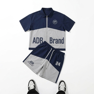 Conjunto Deportivo ADR de Color Block, Tejido Elástico en Cuatro Direcciones, Chaqueta con Cierre Frontal y Manga Larga, Pantalones Cortos con Bolsillos Laterales, Estilo Urbano - Product Image 1