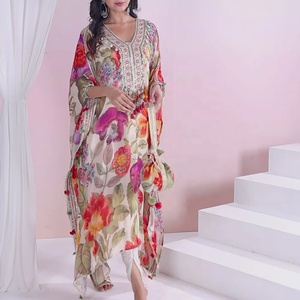 High Quality Women's Creamy Floral Kaftan 100% Silk Chiffon Knee-Length Elastic Waist <b>Loose</b> <b>Dress</b> Sleeves Custom - Product Image 4