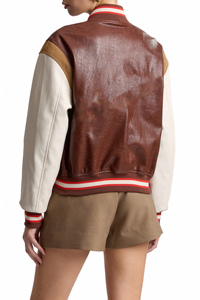 Veste universitaire en cuir véritable pour femme avec manches contrastées et col boutonné, style automne - Product Image 3