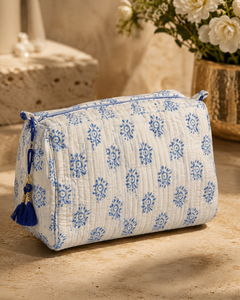 Sustainable Waffle Quilted Bohemian Floral Pattern Cotton Zipper Closure <b>Makeup</b> Bag Set Large for Organizer HandBlock - Product Image 1