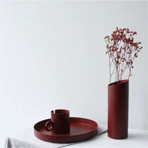 Modern Matte Burgundy Metal Flower <b>Vase</b> Set Luxury Nordic Minimalist Tall Iron Cylindrical <b>Vase</b> for Home Hotel Wedding Decor - Product Image 1