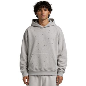 Sweat à capuche oversize gris clair en polaire pour homme, motif étoile en strass, design lourd, streetwear de luxe personnalisé - Product Image 1