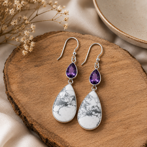 Wholesale Certified 925 Sterling <b>Silver</b> Natural Amethyst White Howlite Gemstone Bohemian Style Handcrafted <b>Dangle</b> <b>Earrings</b> - Product Image 4
