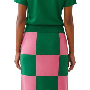 Pink Green Checkered Knit <b>Skirt</b> <b>Women</b> <b>Long</b> Length Casual Fashion Plaid <b>Skirt</b> Soft Stretch Fabric Stylish Daily Wear Apparel - Product Image 5