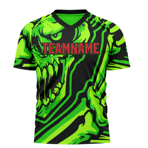 เสื้อฟุตบอลแบบซับลิเมชั่นสั่งทำสำหรับผู้ชาย สีเขียวดำ ลายหัวกะโหลก คอวี ชุดทีม ระบายอากาศได้ดี เสื้อกีฬา - Product Image 2